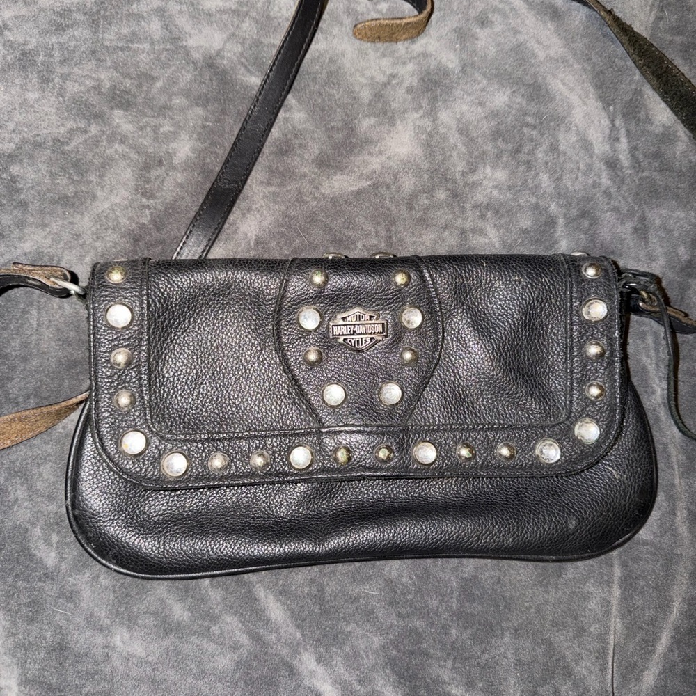 Vintage Harley-Davidson Black Leather Studded Crossbody Bag